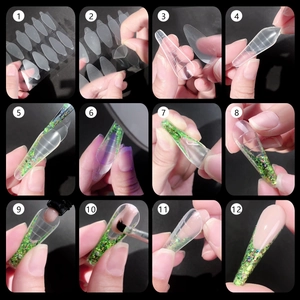 12-step tutorial showing clear dual nail forms application with green glitter and gel