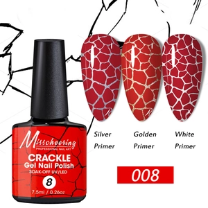 Detailed crackle nail polish effect in silver, gold, and white on black background