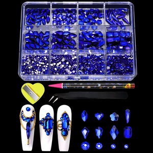 Blue nail art crystal set with 12-grid rhinestones, tweezers, and dotting pen tools