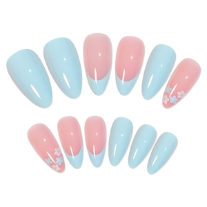 French almond press-on nails with light blue and pink floral patterns 12pcs set