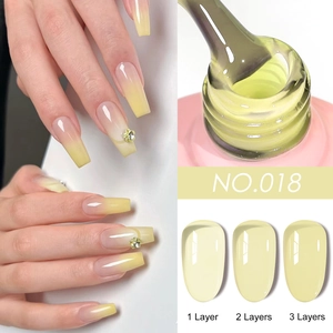 Detail of gel polish NO.018 showing sheer nude texture and layers on nails
