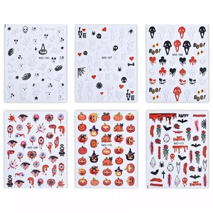 6 sheets of 3D self-adhesive Halloween nail stickers with pumpkins and skulls