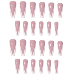 Unghie finte lunghe a ballerina rosa nude con punte bianche a V stile francese, 24 pezzi