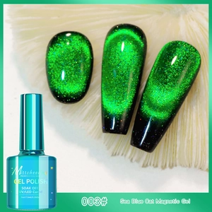 Detailed view of 7.5ml Sea Blue cat eye magnetic gel polish with vibrant green sparkle