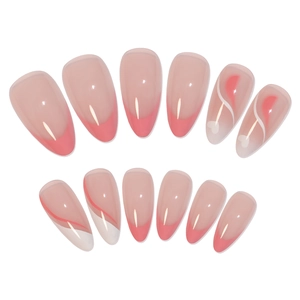 French almond press-on nails with pink tips, white wavy lines and heart patterns