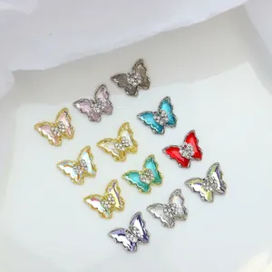 Abalorios de mariposa de cristal para uñas con circonitas de colores y marcos de metal variados
