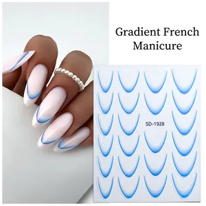 Detailed view of SD-1928 blue gradient French nail stickers with on-hand model effect