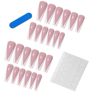 Kit unghie a pressione ballerina nude e bianche a V con adesivo e lima per unghie