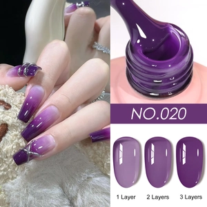 Detail of dark grape purple nail gel showing gradient effect and layer density comparison