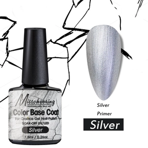 Detailed view of silver crackle gel nail polish base coat with metallic finish