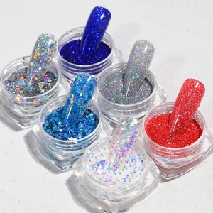 Glitter nail art set with six vibrant colors and holographic sequins for DIY manicure