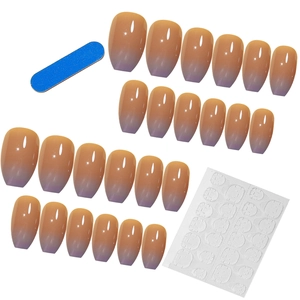 Short nude gradient press-on nails set with orange to purple ombre finish and tool kit