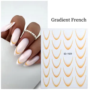 Detail of orange gradient French style nail stickers and applied effect on hand