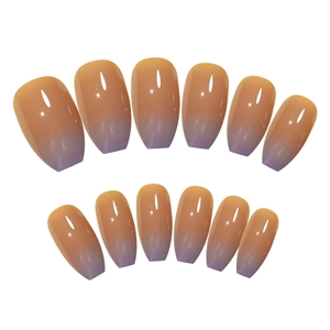Short coffin press-on nails with nude brown to purple gradient and glossy finish