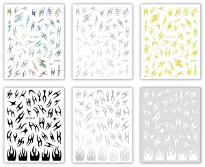 Détail macro des stickers ongles JO-2430 avec motifs de flammes métalliques tribales