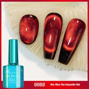 Macro detail of 7.5ml cat eye gel polish bottle with magnetic shimmer effect swatches