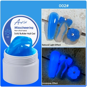 Luminous blue solid nail extension gel shown in daylight and glowing dark night effect