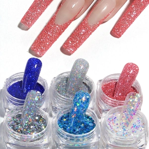 Macro view of a 6-color glitter powder and sequin set for professional nail DIY art