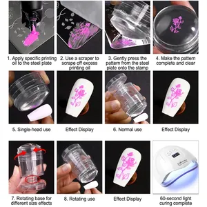 Rotating clear silicone nail art stamper kit with UV light and scraper for DIY manicures