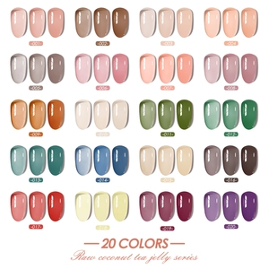 20 colors set of translucent nude jelly nail polish showing layering effects and shades