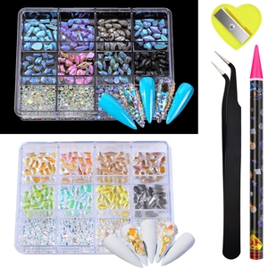 12-grid nail art rhinestones set with tweezers and dotting pen for manicure decoration