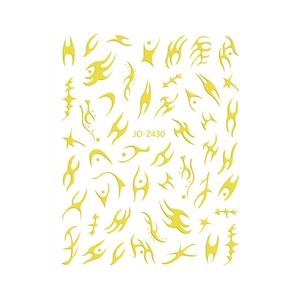 Détails d'autocollants nail art flammes chrome miroir et tatouages tribaux jaune doré