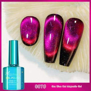 Macro shot of 12D sea blue cat eye magnetic gel polish with sparkling magenta finish
