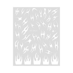 Vue détaillée des autocollants à ongles blancs motifs flammes et étoiles JO-2431