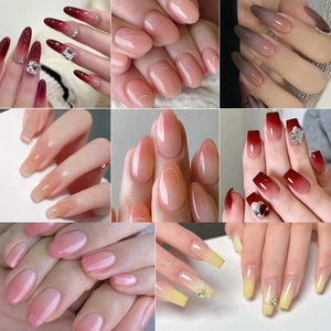 Glossy nude ice-transparent jelly gel nail polish set in gradient and diamond styles
