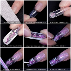 9-step tutorial guide for applying purple glitter nail extension gel with dual forms