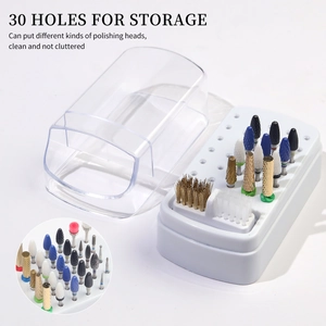 Detailed view of 30-hole nail drill bit storage box with clear dust-proof cover and stand