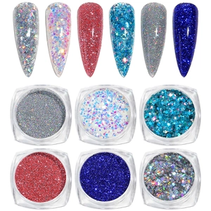 Macro shot of 6-color glitter nail art set featuring various textures and holographic effects