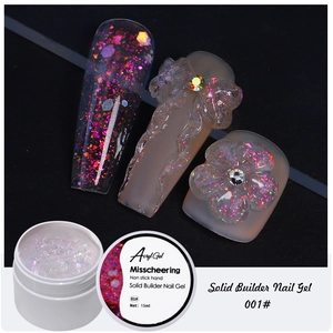 Macro detail of solid builder nail gel showing clear glitter texture for 3D nail art