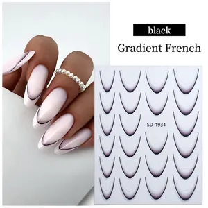 Macro view of French gradient black nail stickers with V-shape design and SD-1934 model