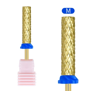 Macro detail of golden carbide nail drill bit with medium grit cross-cut texture