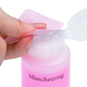Misscheering 160ml nail gel cleanser pump bottle with pink liquid and cotton pads