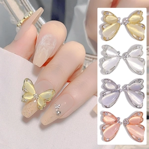 Décorations De Nail Art Papillon Alliage Résine Avec Pierre Oeil De Chat Et Strass Charme De Manucure Relief Symétrique
