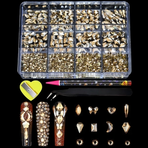 Detailed nail art set with 12-grid rhinestone box, dotting pen, and tweezers on black background