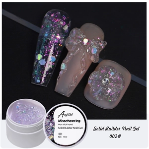 Macro shot of 02 lavender glitter solid builder nail gel with 3D nail art samples