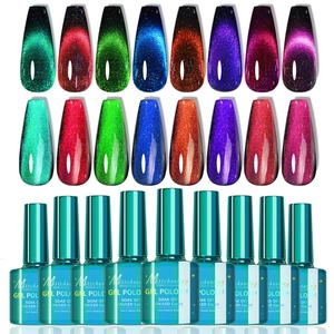 Misscheering 12D Cat Eye Gel Polish set with 9 colors and 16 glitter finish nail swatches