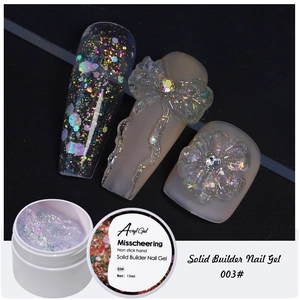 Macro view of Misscheering 03# solid builder nail gel with glitter and 3D floral accents