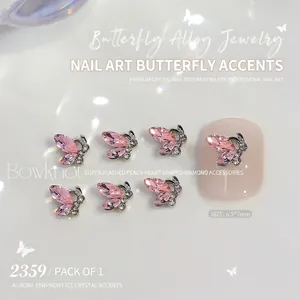 3D pink crystal butterfly nail art jewelry with silver alloy base, size 6.5x7mm charm