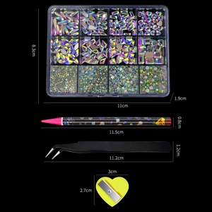 12-grid nail art rhinestone kit with picker pen, tweezers, and heart-shaped sharpener