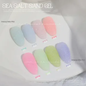 Detailed close-up of macaron sea salt sand gel nail powder in eight different colors