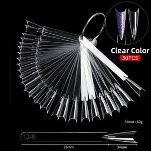 Macro view of 50pcs transparent fan-shaped nail swatches with metal ring and dimensions