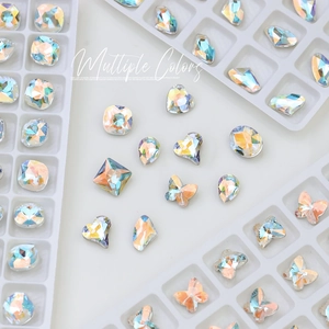 Sparkling Aurora AB K9 crystal rhinestones in heart and butterfly shapes for nail art