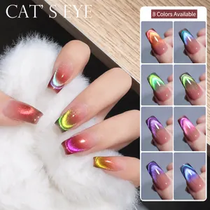 Detail view of 8 colors dopamine cat eye nail polish with magnetic shimmer effect