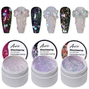 Three colors of solid builder nail gel with glitter and 3D bow art on white background