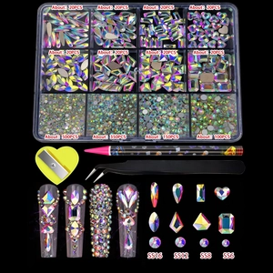 AB crystal nail art rhinestone set with 12-grid box, tweezers, pen and pick-up tools