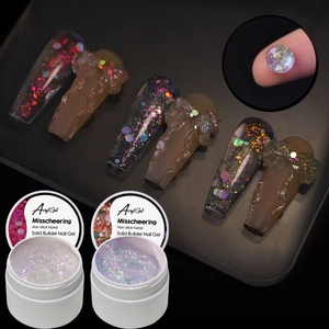 Glitter solid builder nail gel set with cold white and purple sequins in dark background